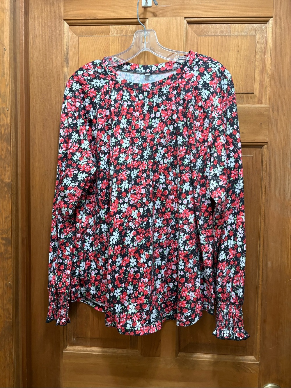 Floral Long-Sleeve Peplum Blouse - Red Floral XXL